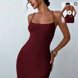 Slim Knit Spaghetti-Strap Bodycon Dress in Wine Red